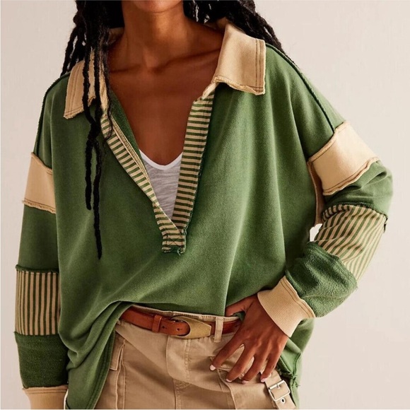 NWOT We The Free Clean Prep Polo Pullover Top S Oversized Striped - Picture 1 of 8